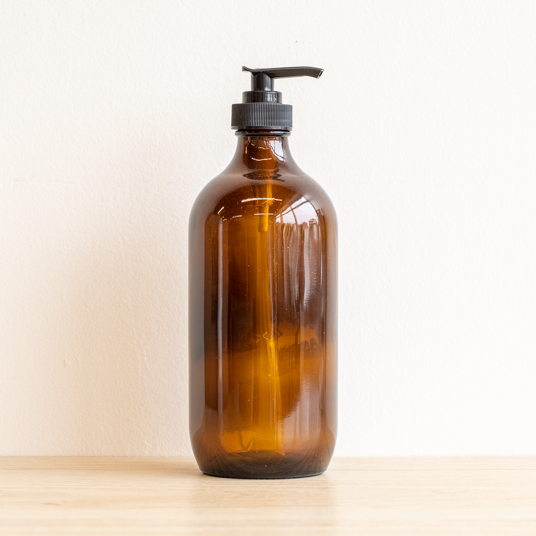 Glass Pump Bottle, Amber, 500 mL